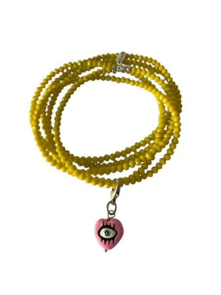 Longkette LEMON aus Glasschliffperlen mit Herz Anhänger in Pink