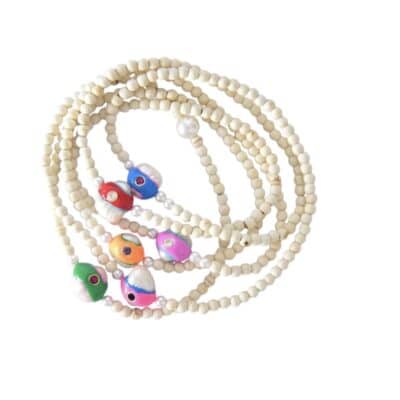 MUSTER Longkette aus beigen Natursteinkugeln und handbemalten Barockperlen mit Strasssteinen besetzt