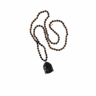 Geknüpfte Buddha Rundhalskette in Braun schwarz mit Achat Buddhakopf aus Sandelholz – Bild 3