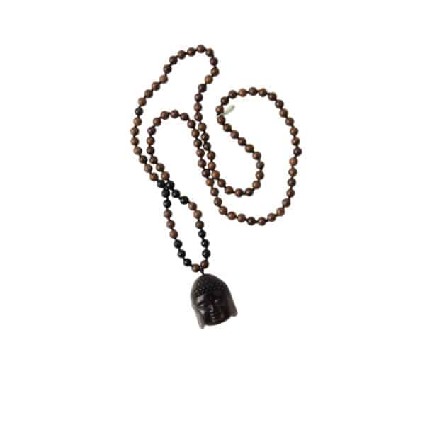 Geknüpfte Buddha Rundhalskette in Braun schwarz mit Achat Buddhakopf aus Sandelholz – Bild 3