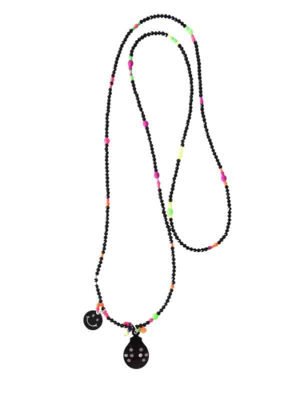 Schwarze Longkette aus Glasschliffperlen mit Neon Perlen, Horn Käfer Anhänger und Happy Face – Bild 3