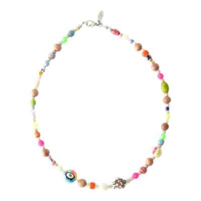 Kurzkette Mitsuko, Helles Rosenholz mit Zuchtperlen , böhmischem Glas und handbemalten Keramikperlen