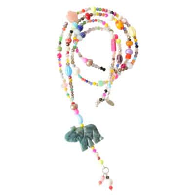 Bettelkette mit lgrünem Jaspis Elefant und buntem Edelstein und Glasperlenmix – Bild 3