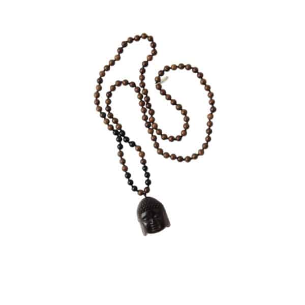 Geknüpfte Buddha Rundhalskette in Braun schwarz mit Achat Buddhakopf aus Sandelholz – Bild 5