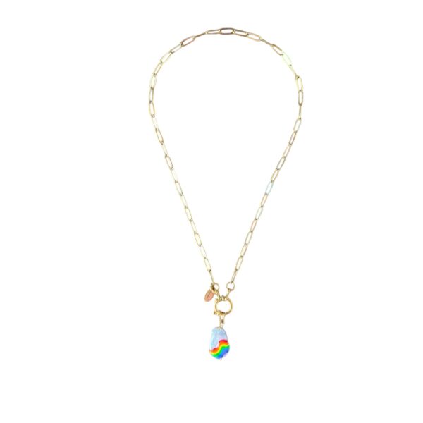 MUSTER Handbemalte Barockperle Paperclip Halskette Edelstahl in Goldfarben mit RAINBOW Charm