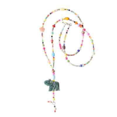 Bettelkette mit lgrünem Jaspis Elefant und buntem Edelstein und Glasperlenmix