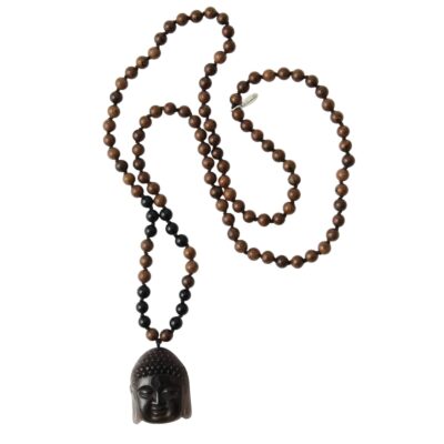 Geknüpfte Buddha Rundhalskette in Braun schwarz mit Achat Buddhakopf aus Sandelholz