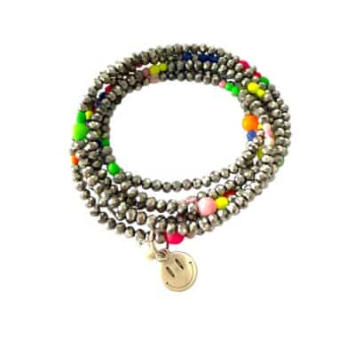 MUSTER Longkette Silber Glitzer Smiley  aus Glasschliffperlen mit Neon Orange und Pink  Dunkelblau Rosa und Lime Glanz und matte Glasperlen