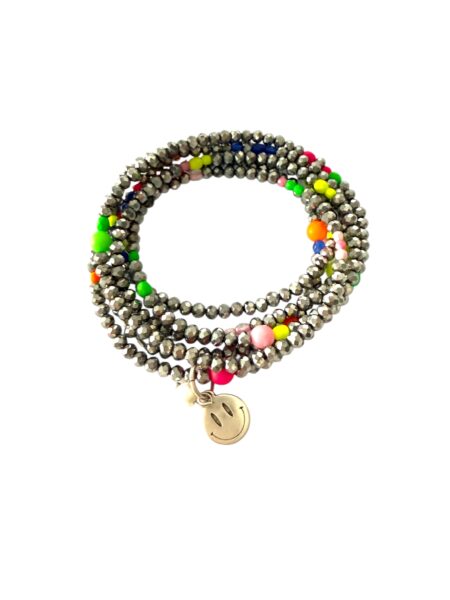 Longkette Silber Glitzer Smiley  aus Glasschliffperlen mit Neon Orange und Pink  Dunkelblau Rosa und Lime Glanz und matte Glasperlen
