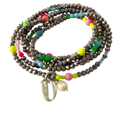 Longkette Silber Glitzer aus Glasschliffperlen mit Neon Hellblau Pastell und Grün Glanz und matte Glasperlen