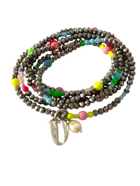 Longkette Silber Glitzer aus Glasschliffperlen mit Neon Hellblau Pastell und Grün Glanz und matte Glasperlen