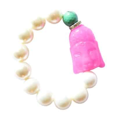 Weißes Armband mit Pinkem Jade Buddha und Chrysopras Kugel – Bild 4
