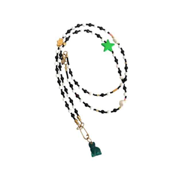 MUSTER Green Cat Bettelkette aus Onyx und Magnesit mit Barockperle und grüner Aventurin Katze ✪