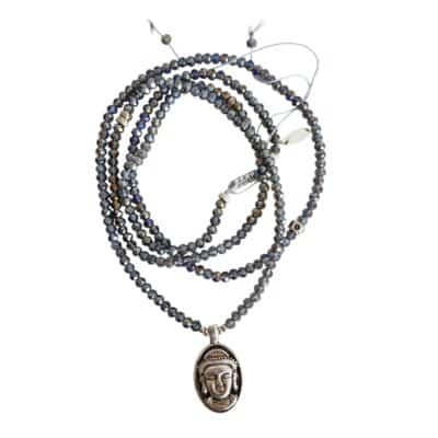 MUSTER Einzelstück Blaugrau farbene Rundhalskette aus kleinen Glasschliffperlen  mit Buddhakopf Anhänger