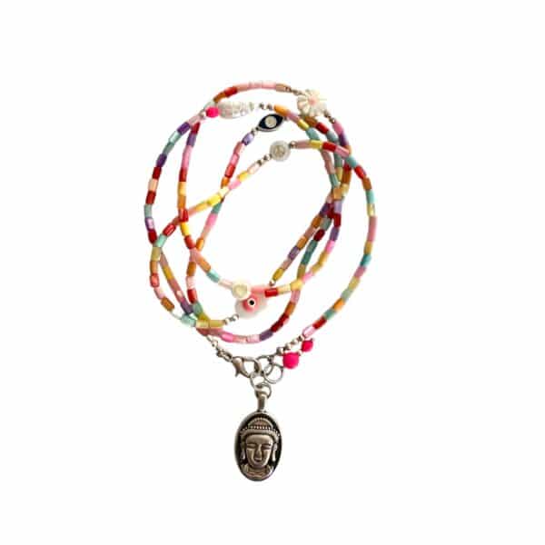 MUSTER Lange Bettelkette aus Perlmutt ✪ Blume Hand Auge ✪ Versilbertes Buddha Amulette