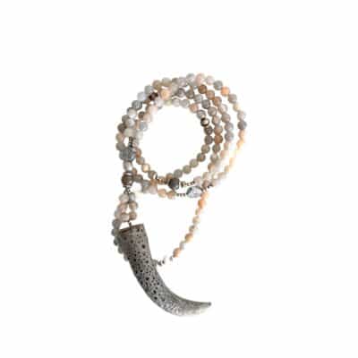 UNIKATSCHMUCK - Echte Rosa Graue Mondsteinkette Lebensbaum mit Zahn aus Leder, Rosa Grau Taupe