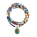 Blautöne,Lila,Rosa,Gelb 84 cm Länge Stilvolle Halskette mit vergoldetem Amulette in Petrolgrün