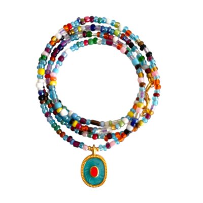 Blautöne,Lila,Rosa,Gelb 84 cm Länge Stilvolle Halskette mit vergoldetem Amulette in Petrolgrün