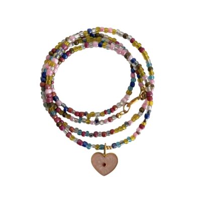 MUSTER Kristall, Hellblau, Rosa, Himbeer 84 cm Länge Stilvolle Halskette mit vergoldetem Herz