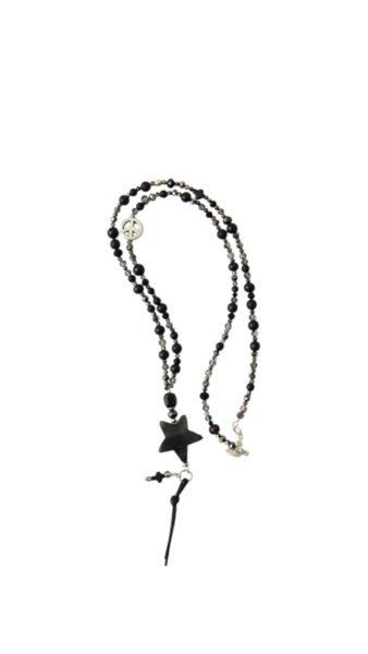 Bettelkette mit schwarzem Onyx - Lange Statement Halskette mit Horn Stern Anhänger