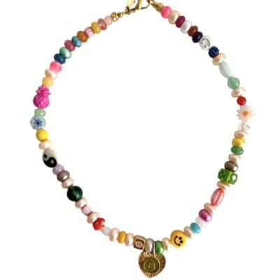 MUSTER Hippie Kurzkette aus Lachsfarbenen Zuchtperlen Rondellen mit bunter Jade und hübschen Highlights