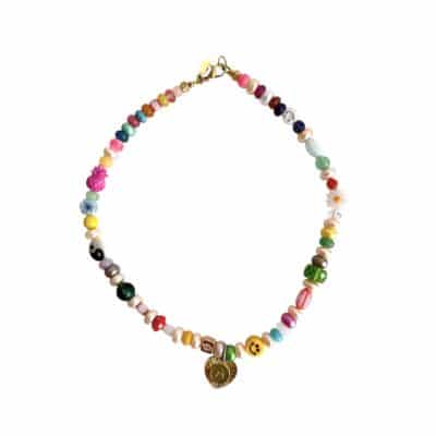Hippie Kurzkette aus Lachsfarbenen Zuchtperlen Rondellen mit bunter Jade und hübschen Highlights – Bild 3