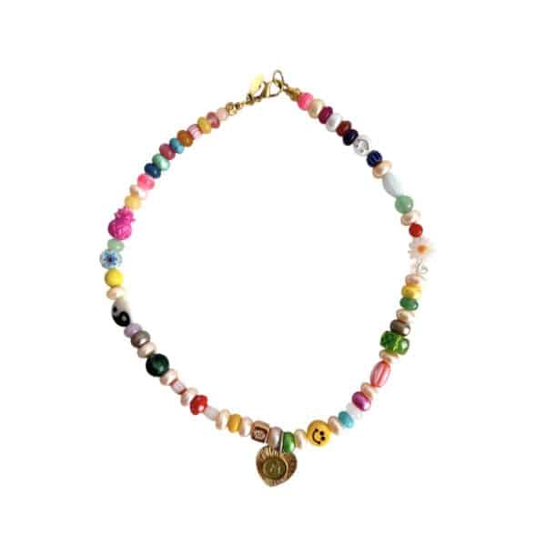 Hippie Kurzkette aus Lachsfarbenen Zuchtperlen Rondellen mit bunter Jade und hübschen Highlights – Bild 3