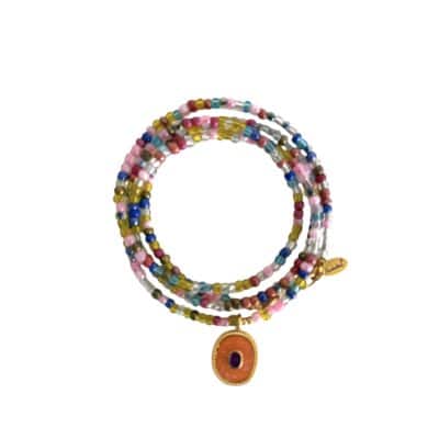 Kristall, Hellblau, Rosa, Himbeer 84 cm Länge Stilvolle Halskette mit vergoldetem Amulette in Orange