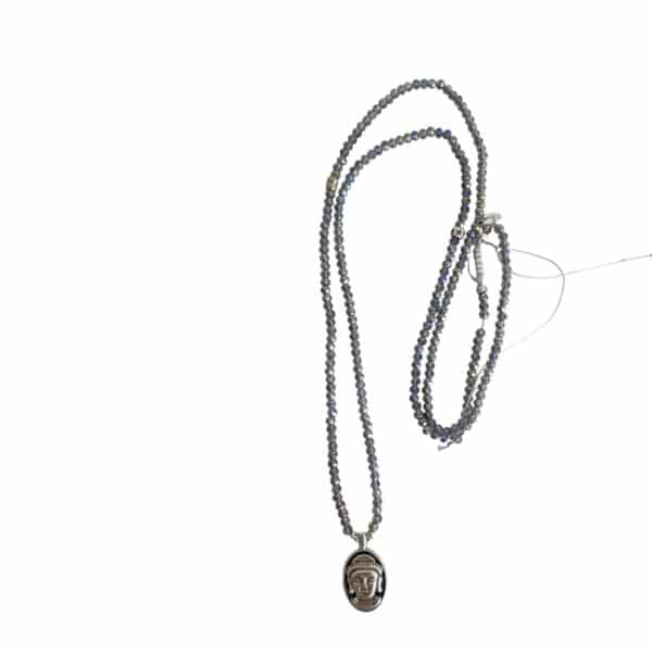 MUSTER Einzelstück Blaugrau farbene Rundhalskette aus kleinen Glasschliffperlen  mit Buddhakopf Anhänger – Bild 4