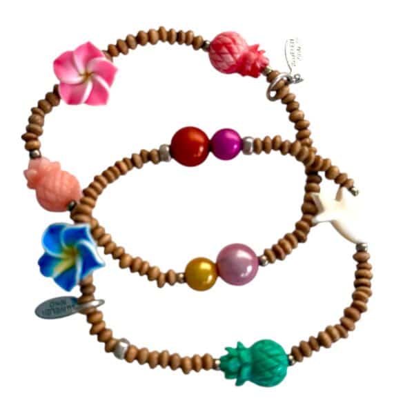 MUSTER 2 er SET Festival Schmuck Holz Armband mit blauer Blüte und Ananas