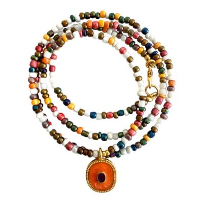 Braun, Orange,Ocker, Flaschengrün   84 cm Länge Stilvolle Halskette mit vergoldetem Amulette in Orange – Bild 2