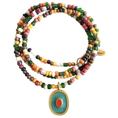 Braun, Orange,Ocker, Flaschengrün   84 cm Länge Stilvolle Halskette mit vergoldetem Amulette in Grünblau