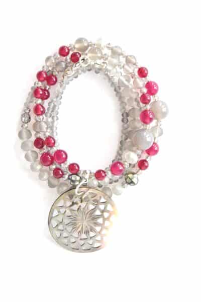 Halskette "Berry"  Achat in Grau und Beere mit großer Perlmuttblume