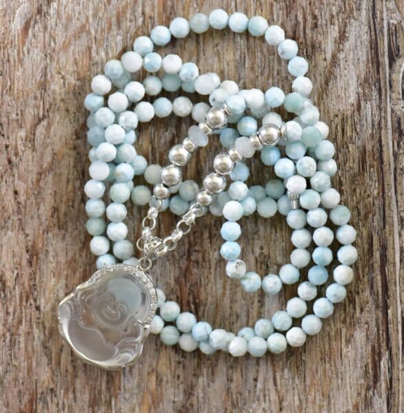 One of a kind `Einzelstück - Kette Larimar mit Bergkristall Buddha, Silber, Zirkonia – Bild 2