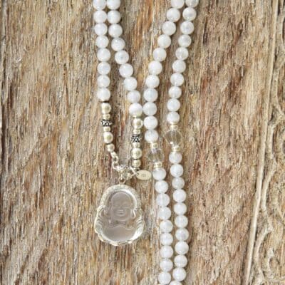 "One of a Kind" - Kette Regenbogen Mondstein "AA" mit Bergkristall Buddha, Silber, Zirkonia