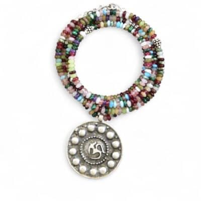 OM Medaillon bunte Edelsteinkette aus Edelsteinrondellen Granat, Amethyst, Malachit uvm. Silber – Bild 2