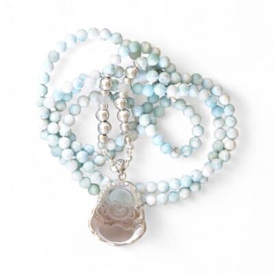 One of a kind `Einzelstück - Kette Larimar mit Bergkristall Buddha, Silber, Zirkonia