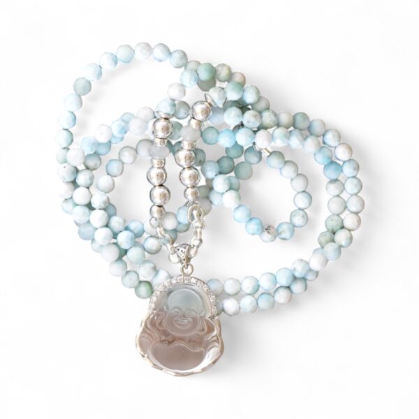 One of a kind `Einzelstück - Kette Larimar mit Bergkristall Buddha, Silber, Zirkonia – Bild 4