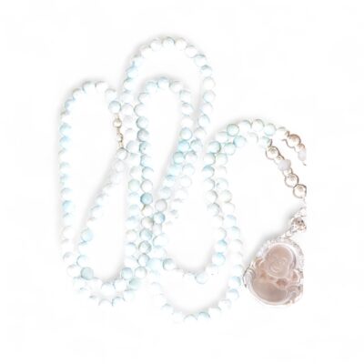 One of a kind `Einzelstück - Kette Larimar mit Bergkristall Buddha, Silber, Zirkonia – Bild 5