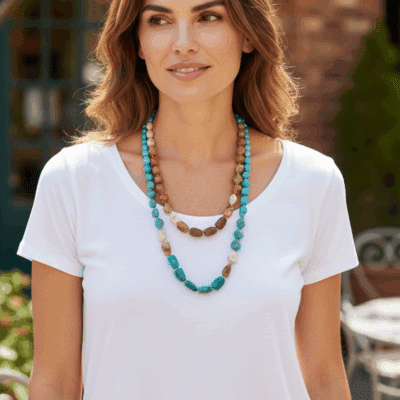 *LIMITIERT* Mittellange Halskette in Edelsteinoptik in Türkis Braun