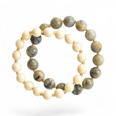 *LIMITIERT* 2er Armband Set in Edelsteinoptik Grau Beige – Bild 2