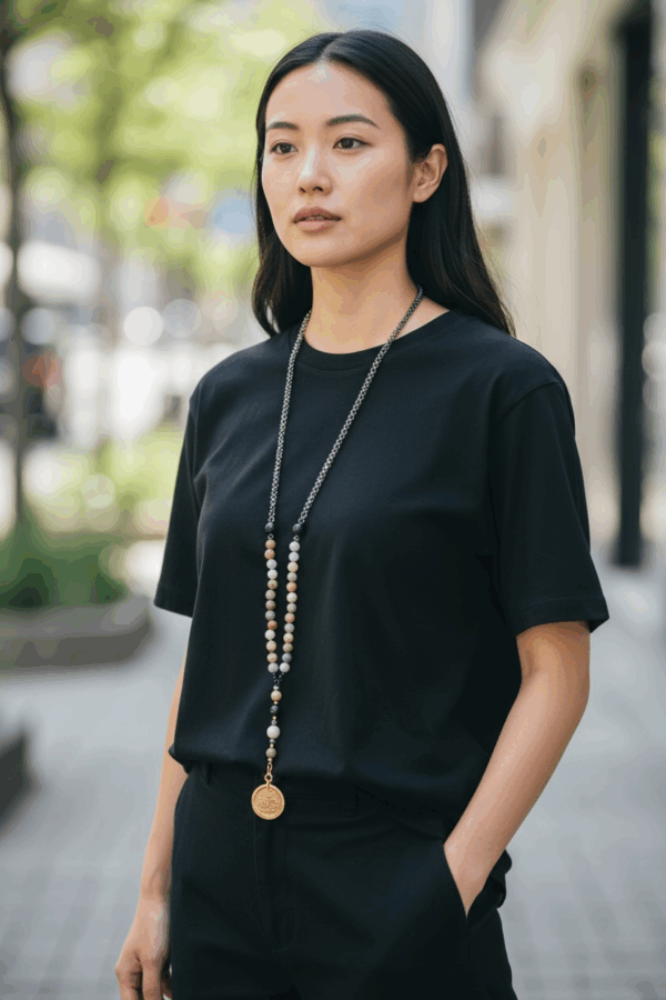 Edelstein Kette "Ama" aus hochwertigem Mosaik Jaspis, Icy Achat, vergoldetem Medaillon – Bild 3