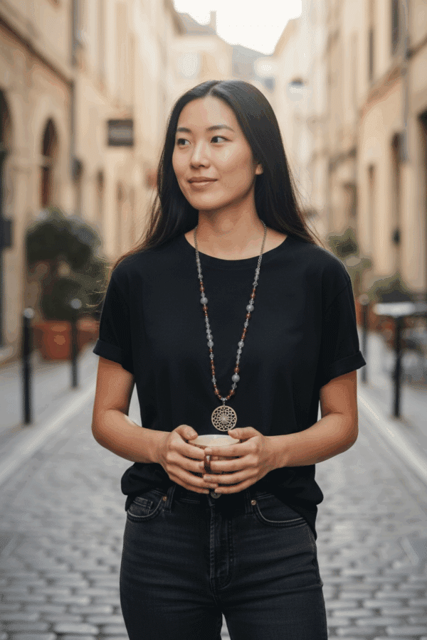 Halskette "Berry"  Achat in Grau und Beere mit großer Perlmuttblume – Bild 2