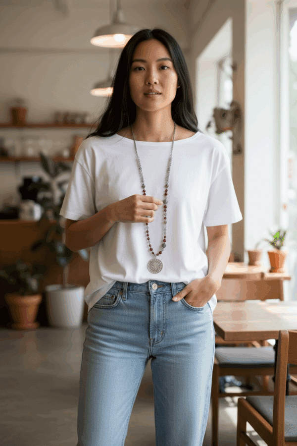 Halskette "Berry"  Achat in Grau und Beere mit großer Perlmuttblume – Bild 4