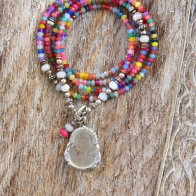 One of a kind `Einzelstück - Kette Jaderondelle mit Bergkristall Buddha, Silber, Zirkonia