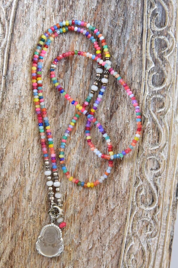 One of a kind `Einzelstück - Kette Jaderondelle mit Bergkristall Buddha, Silber, Zirkonia – Bild 2