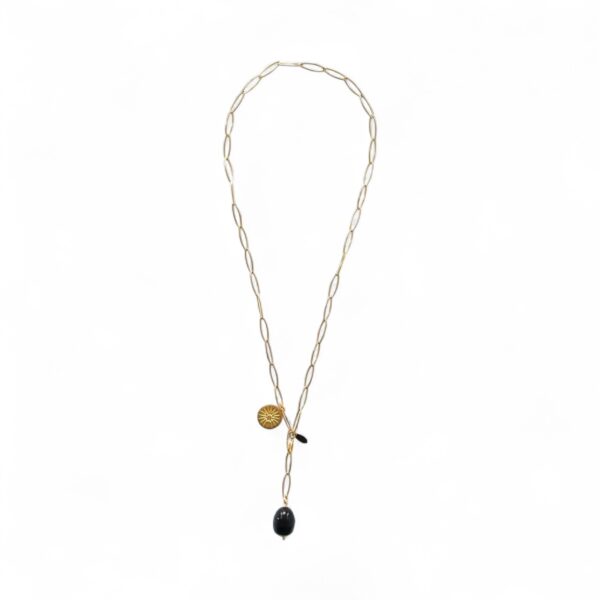 Schwarzer Tropfen Vergoldete Edelstahl Gliederkette "NIKA" Gold Exklusiv mit vergoldeter Sonnenmünze  Muschelkerntropfen – Bild 3