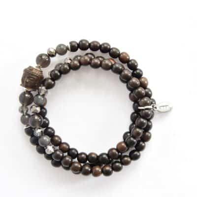 Dreireihiges Ebenholz Armband mit handgeschnitztem Buddha in dunkelbraun schwarz 925er Silber Icy Agate