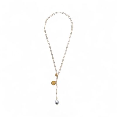 Grauer Tropfen Vergoldete Edelstahl Gliederkette "NIKA" Gold Exklusiv mit vergoldeter Sonnenmünze  Muschelkerntropfen