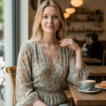 Grauer Tropfen Vergoldete Edelstahl Gliederkette "NIKA" Gold Exklusiv mit vergoldeter Sonnenmünze  Muschelkerntropfen – Bild 3